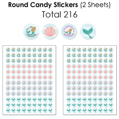 Let's Be Mermaids - Mini Candy Bar Wrappers, Round Candy Stickers and Circle Stickers - Baby Shower or Birthday Party Candy Favor Sticker Kit - 304 Pieces