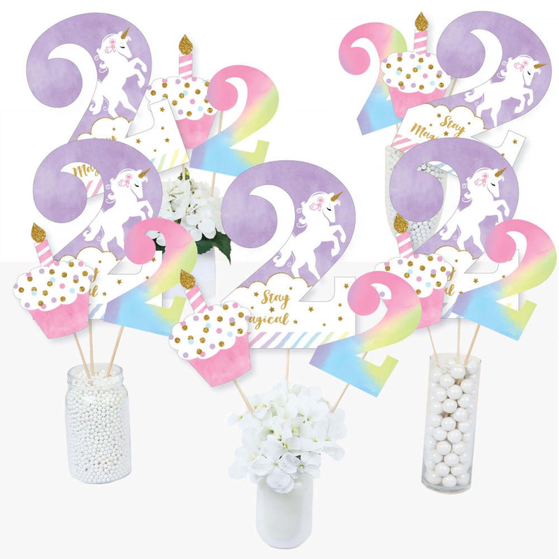 2nd Birthday Rainbow Unicorn - Magical Unicorn Second Birthday Party Centerpiece Sticks - Table Toppers - Set of 15