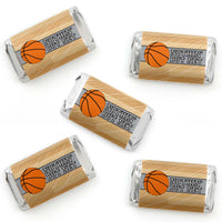 Multiple mini candy bar wrappers with a basketball image and the text 'Nothin' But Net' laid out on a surface.
