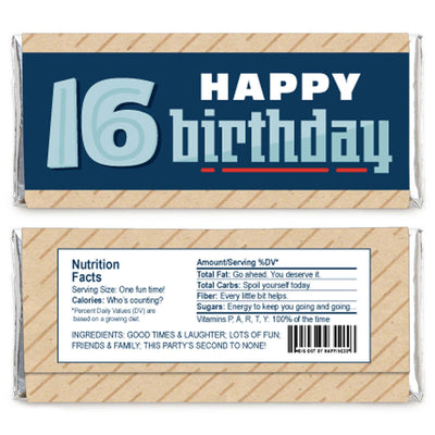 Boy 16th Birthday - Candy Bar Wrapper Sweet Sixteen Birthday Party Favors - Set of 24