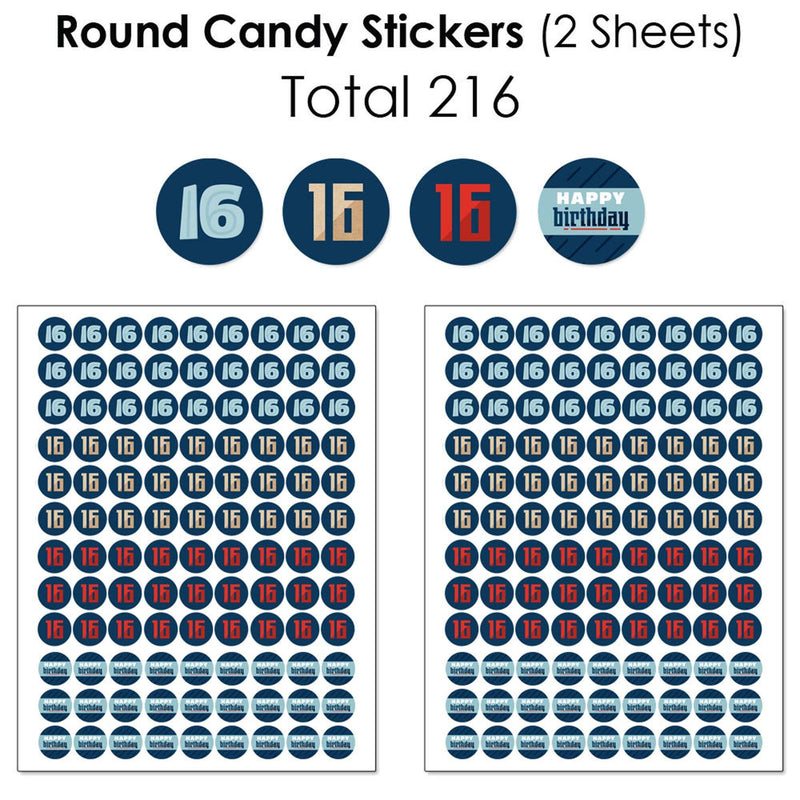 Boy 16th Birthday - Mini Candy Bar Wrappers, Round Candy Stickers and Circle Stickers - Sweet Sixteen Birthday Party Candy Favor Sticker Kit - 304 Pieces