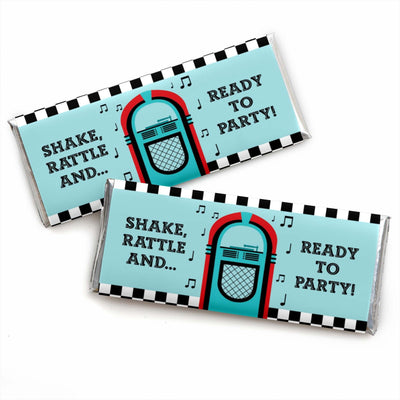 50's Sock Hop - Candy Bar Wrapper 1950s Rock N Roll Party Favors - Set of 24