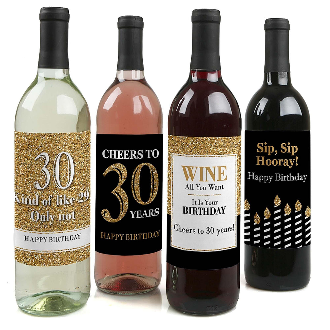 Adult 30th Birthday - Gold - Decorations for Women and Men - Wine Bottle Label Birthday Party Gift - Set of 4