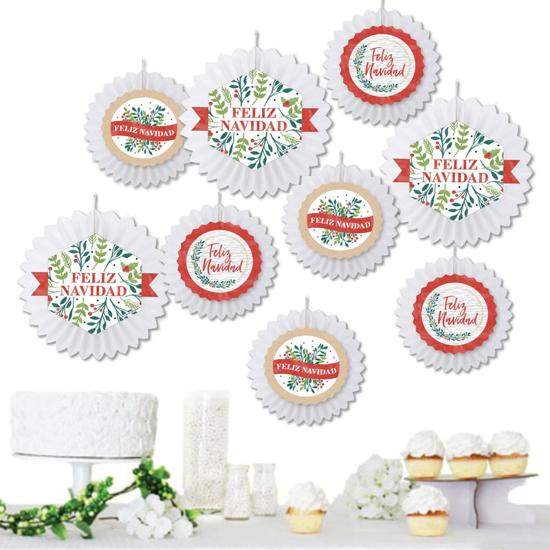 Feliz Navidad - Hanging Holiday and Spanish Christmas Party Tissue Decoration Kit - Paper Fans - Set of 9