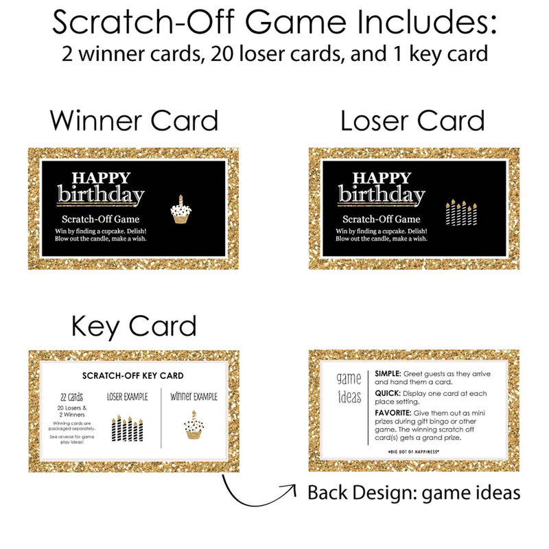 Adult Happy Birthday - Gold - Birthday Party Game Scratch Off Cards - 22 ct