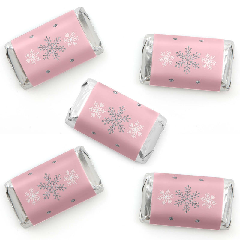 Pink Winter Wonderland - Mini Candy Bar Wrapper Stickers - Holiday Snowflake Birthday Party and Baby Shower Small Favors - 40 Count