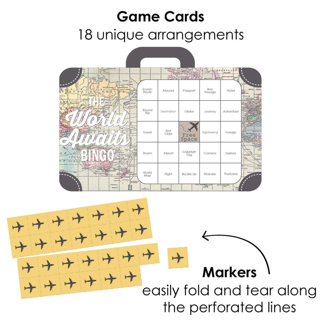 World Awaits - Bingo Cards and Markers - Travel Themed Party Shaped Bingo Game - Set of 18