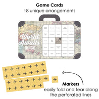 World Awaits - Bingo Cards and Markers - Travel Themed Party Shaped Bingo Game - Set of 18