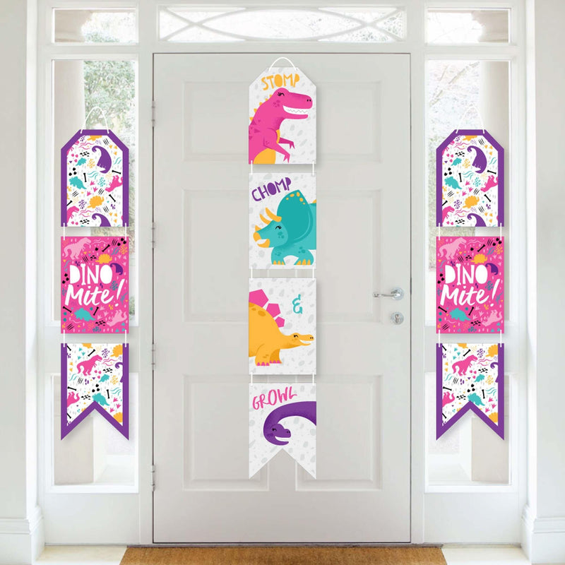 Roar Dinosaur Girl - Hanging Vertical Paper Door Banners - Dino Mite Trex Baby Shower or Birthday Party Wall Decoration Kit - Indoor Door Decor