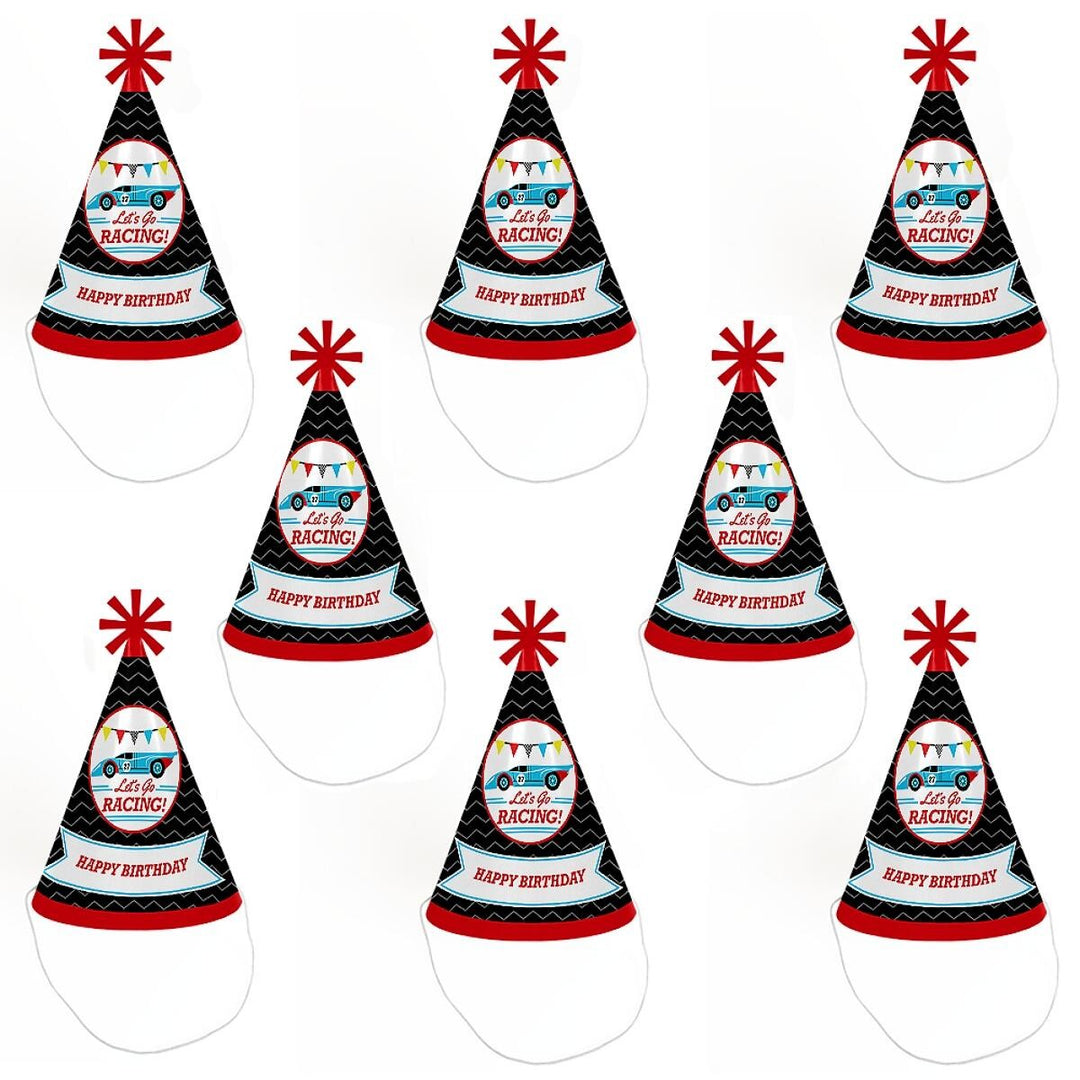 Let's Go Racing - Racecar - Cone Race Car Happy Birthday Party Hats for Kids and Adults - Set of 8 (Standard Size)