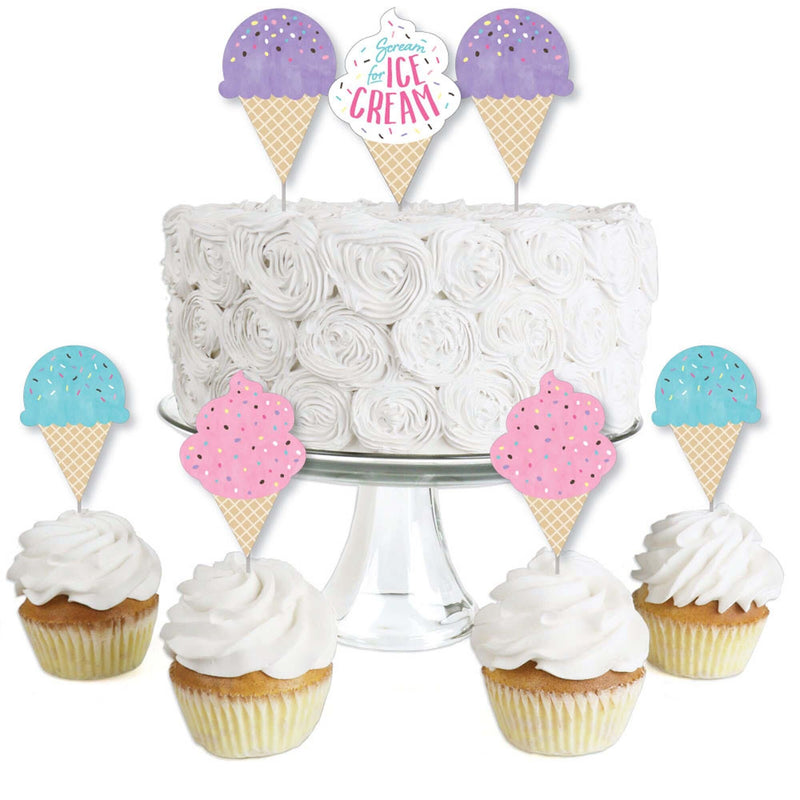 Scoop Up The Fun - Ice Cream - Dessert Cupcake Toppers - Sprinkles Party Clear Treat Picks - Set of 24