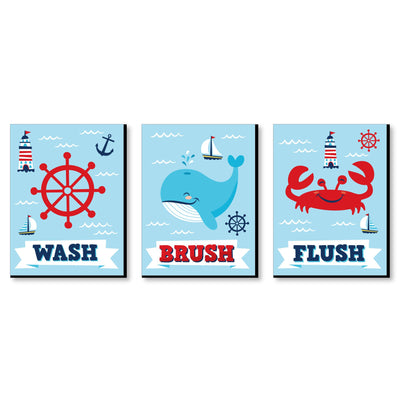 Lighthouse, Sailboat and Anchor - Nautical Kids Bathroom Rules Wall Art - 7.5 x 10 inches - Set of 3 Signs - Wash, Brush, Flush