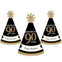 Adult 90th Birthday - Gold - Cone Birthday Party Hats for Adults - Set of 8 (Standard Size)