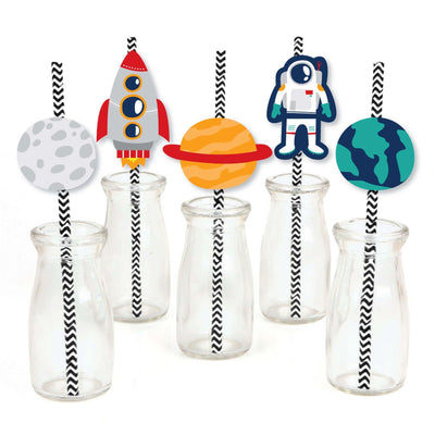 Blast Off to Outer Space - Paper Straw Decor - Rocket Ship Baby Shower or Birthday Party Striped Decorative Straws - Set of 24