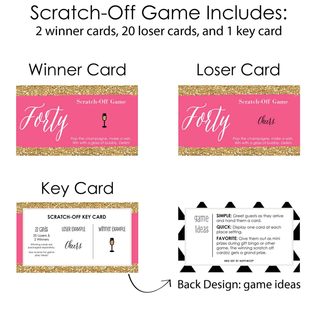 Chic 40th Birthday - Pink and Gold - Birthday Party Game Scratch Off Cards - 22 ct
