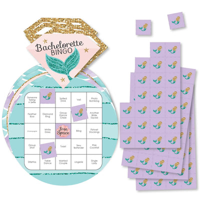 Trading The Tail For A Veil - Bar Bingo Cards and Markers - Mermaid Bachelorette or Bridal Shower Shaped Bingo Game - Set of 18