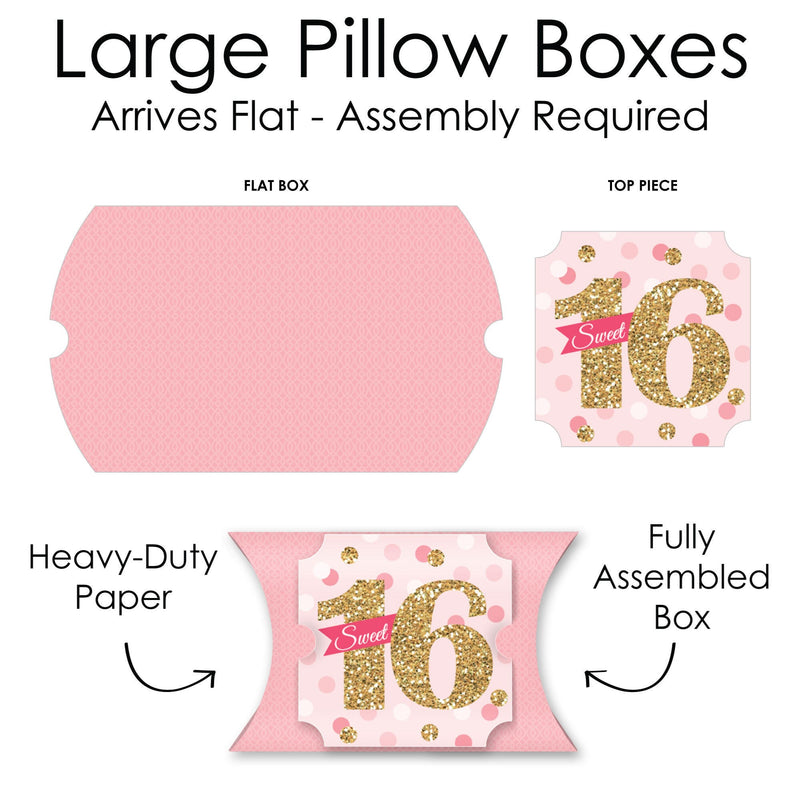 Sweet 16 - Favor Gift Boxes - 16th Birthday Party Large Pillow Boxes - Set of 12