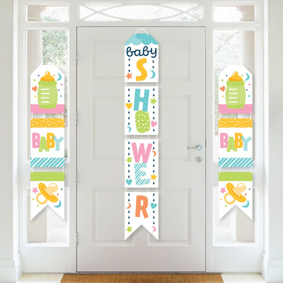 Colorful Baby Shower - Hanging Vertical Paper Door Banners - Gender Neutral Party Wall Decoration Kit - Indoor Door Decor