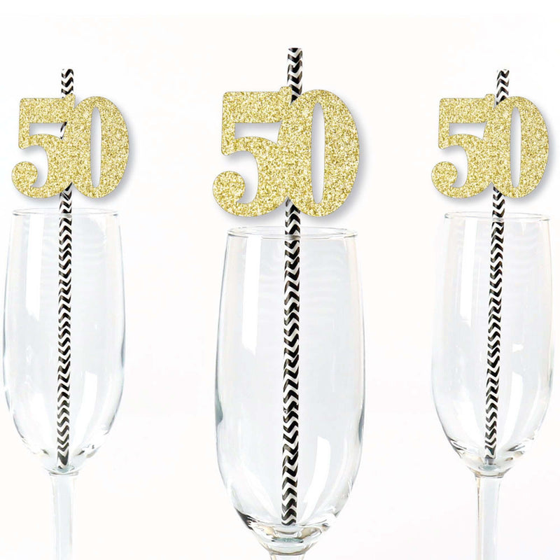 Gold Glitter 50 Party Straws - No-Mess Real Gold Glitter Cut-Out Numbers & Decorative 50th Birthday Party Paper Straws - Set of 24