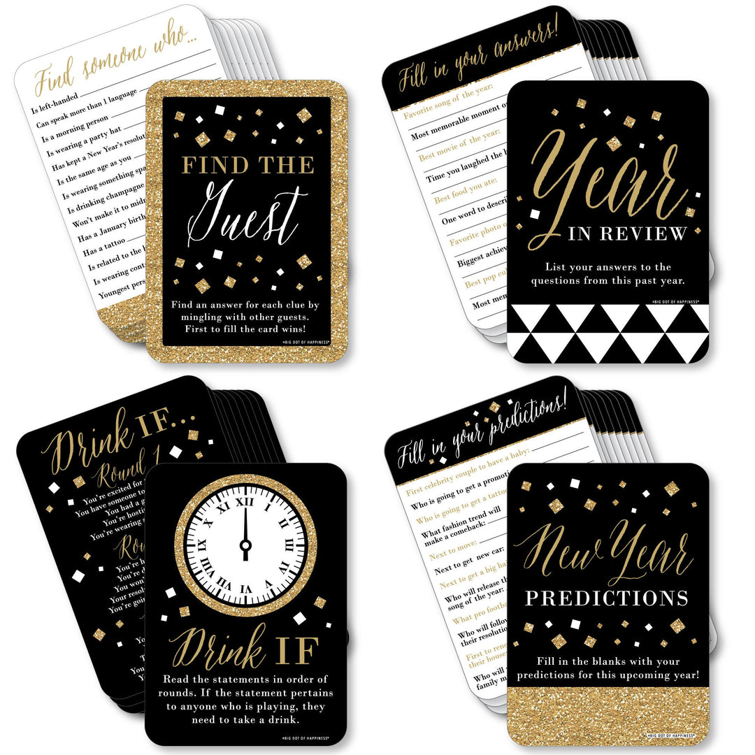 New Year's Eve - Gold - 4 New Years Eve Party Games - 10 Cards Each - Year in Review, Find the Guest, Drink If, New Year Predictions - Gamerific Bundle