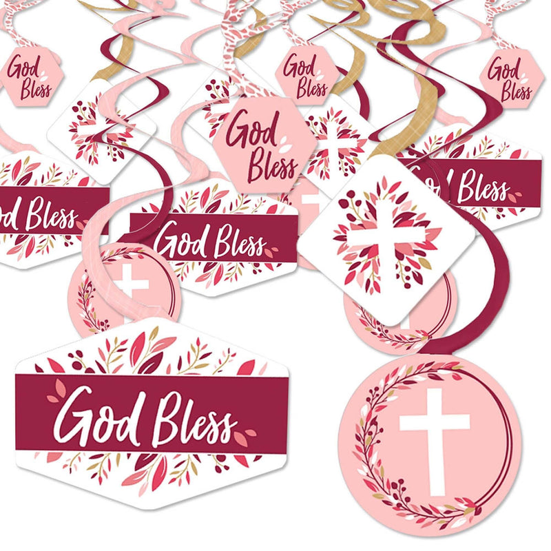Pink Elegant Cross - Girl Religious Party Hanging Decor - Party Decoration Swirls - Set of 40
