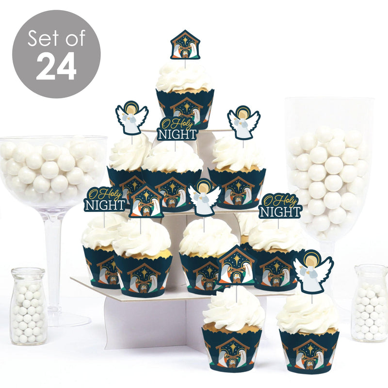 Holy Nativity - Cupcake Decoration - Manger Scene Religious Christmas Cupcake Wrappers and Treat Picks Kit - Set of 24