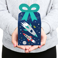 Blast Off to Outer Space - Square Favor Gift Boxes - Rocket Ship Baby Shower or Birthday Party Bow Boxes - Set of 12
