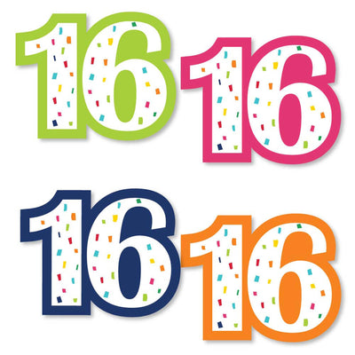16th Birthday - Cheerful Happy Birthday - DIY Shaped Colorful Sixteen Birthday Party Cut-Outs - 24 ct