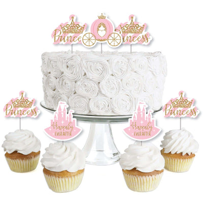 Little Princess Crown - Dessert Cupcake Toppers - Pink and Gold Princess Baby Shower or Birthday Party Clear Treat Picks - Set of 24