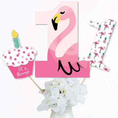1st Birthday Pink Flamingo - Tropical First Birthday Party Centerpiece Sticks - Table Toppers - Set of 15