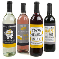 A set of four wine bottle label stickers with different retirement-themed phrases, displayed on a white background.
