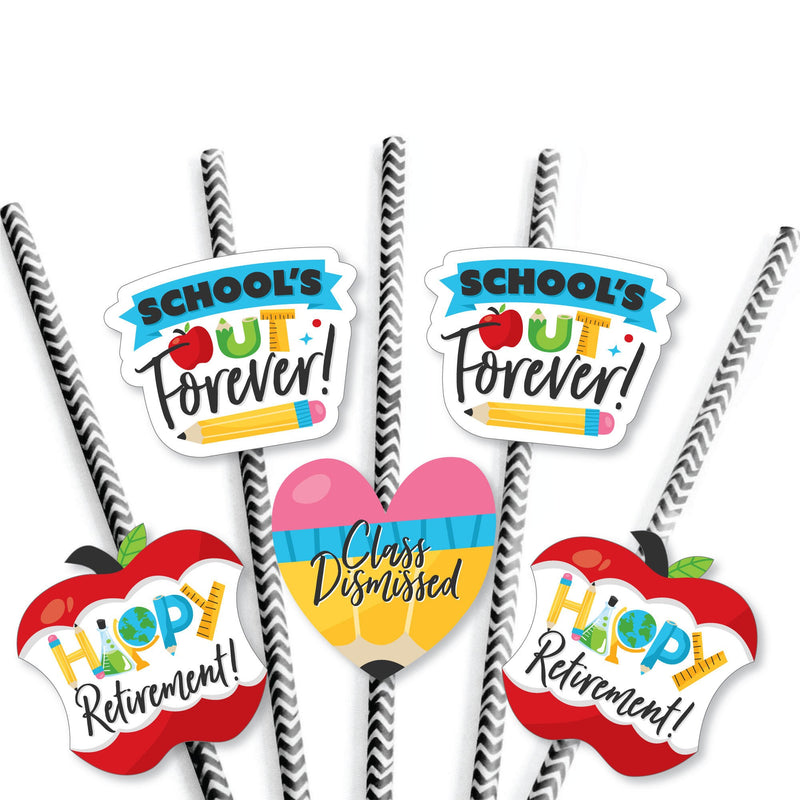 Teacher Retirement - Paper Straw Decor - Happy Retirement Party Striped Decorative Straws - Set of 24