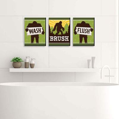Sasquatch Crossing - Kids Bathroom Rules Wall Art - 7.5 x 10 inches - Set of 3 Signs - Wash, Brush, Flush