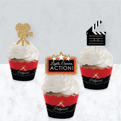 Red Carpet Hollywood - Cupcake Decoration - Movie Night Party Cupcake Wrappers and Treat Picks Kit - Set of 24