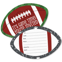Football-shaped fill-in invitations with envelopes, featuring a red, white, and green design resembling a football field goal post.