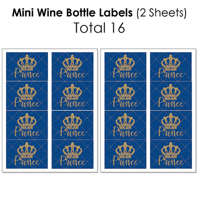 Royal Prince Charming - Mini Wine Bottle Labels, Wine Bottle Labels and Water Bottle Labels - Baby Shower or Birthday Party Decorations - Beverage Bar Kit - 34 Pieces