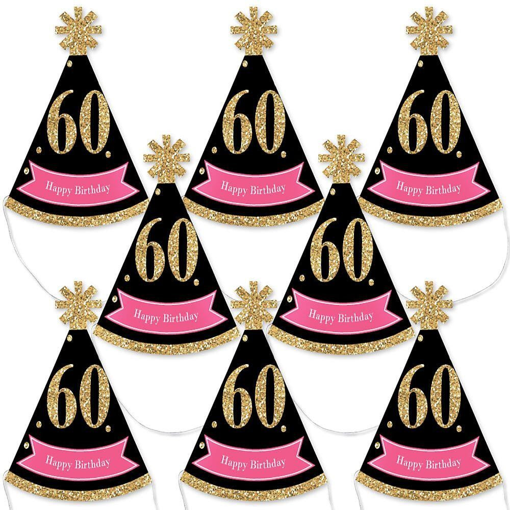 Chic 60th Birthday - Pink, Black and Gold - Mini Cone Birthday Party Hats - Small Little Party Hats - Set of 8