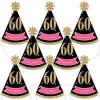 Chic 60th Birthday - Pink, Black and Gold - Mini Cone Birthday Party Hats - Small Little Party Hats - Set of 8