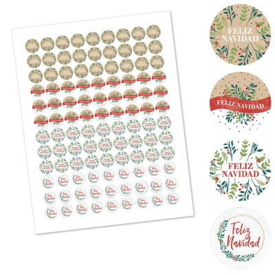 Feliz Navidad - Holiday and Spanish Christmas Party Round Candy Sticker Favors - Labels Fit Hershey's Kisses - 108 ct