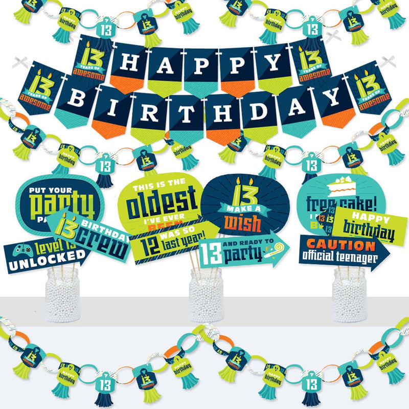 Boy 13th Birthday - Banner and Photo Booth Decorations - Official Teenager Birthday Party Supplies Kit - Doterrific Bundle