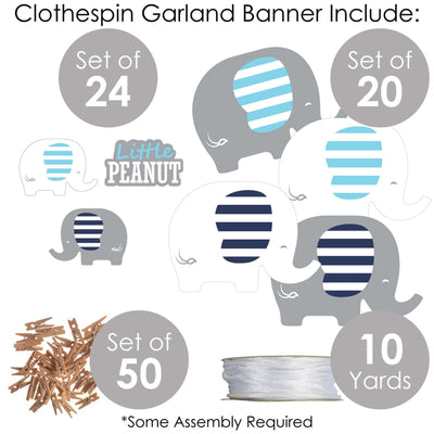 Blue Elephant - Boy Baby Shower or Birthday Party DIY Decorations - Clothespin Garland Banner - 44 Pieces