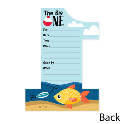 1st Birthday Reeling in the Big One - Shaped Fill-In Invitations - Fish First Birthday Party Invitation Cards with Envelopes - Set of 12