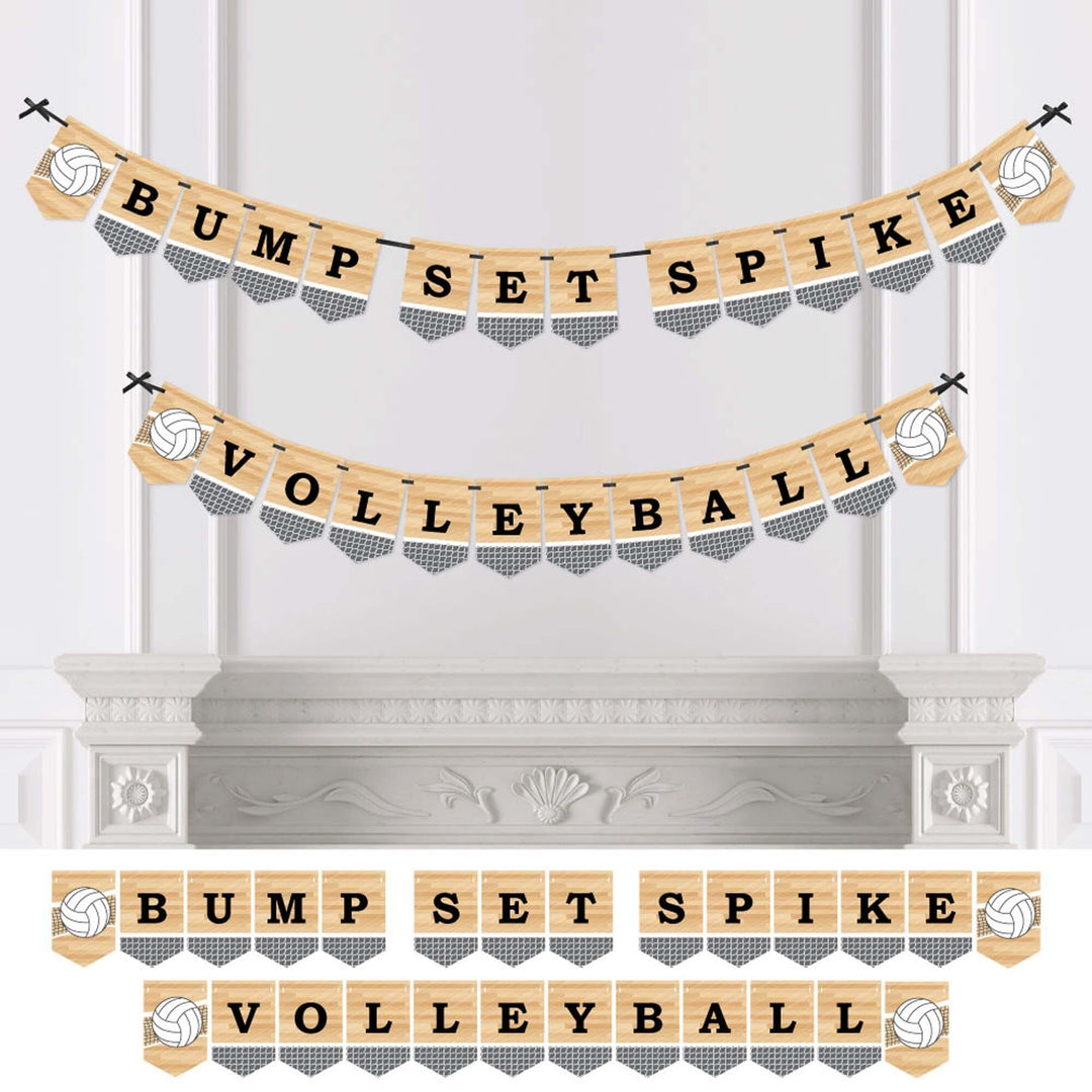 A bunting banner with the text 'BUMP SET SPIKE VOLLEYBALL' displayed in a series of pennants strung across a ribbon, with the letters spelling out the word 'VOLLEYBALL' in a sports-themed design.