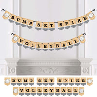 A bunting banner with the text 'BUMP SET SPIKE VOLLEYBALL' displayed in a series of pennants strung across a ribbon, with the letters spelling out the word 'VOLLEYBALL' in a sports-themed design.