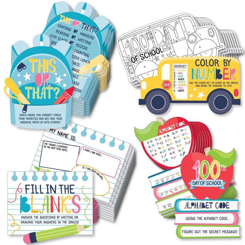 Happy 100th Day of School - 100 Days Party Games - 10 Cards Each - Fill in the Blanks, Alphabet Code, Color by Number and This or That - Gamerific Bundle