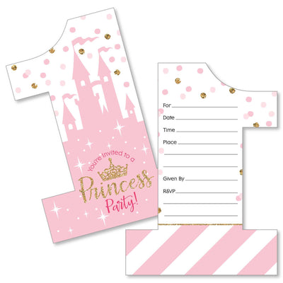 1st Birthday Little Princess Crown - Shaped Fill-In Invitations - Pink and Gold Princess First Birthday Party Invitation Cards with Envelopes - Set of 12