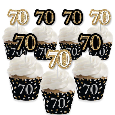 Adult 70th Birthday - Gold - Cupcake Decorations - Birthday Party Cupcake Wrappers and Treat Picks Kit - Set of 24
