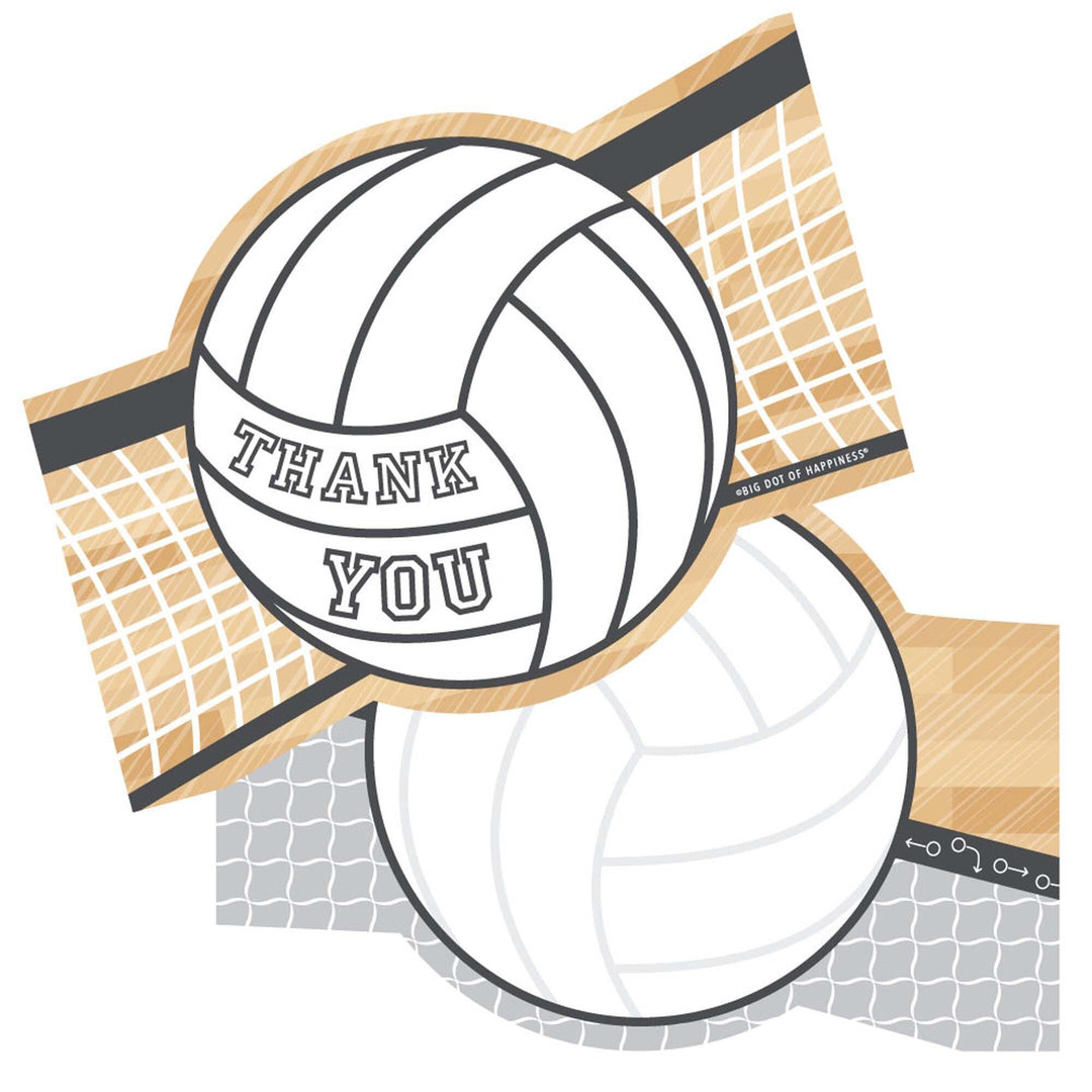 Illustration of a volleyball with the words 'THANK YOU' on it, alongside a net and sports equipment, indicating a sports-themed thank you card.