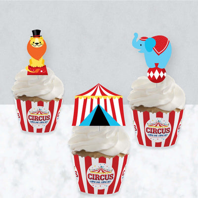 Carnival - Step Right Up Circus - Cupcake Decoration - Carnival Themed Party Cupcake Wrappers and Treat Picks Kit - Set of 24