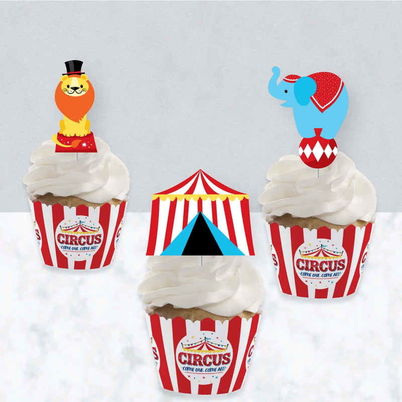 Carnival - Step Right Up Circus - Cupcake Decoration - Carnival Themed Party Cupcake Wrappers and Treat Picks Kit - Set of 24